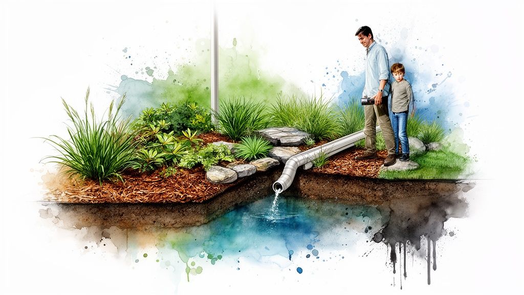 A watercolor illustration of a father and son observing a backyard drainage system diverting water into a pond.