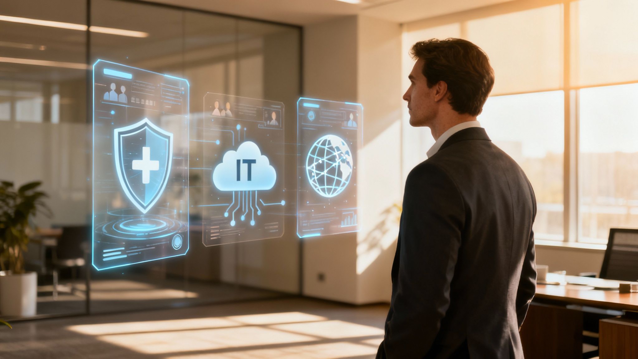 A team of IT professionals working together in a modern office, representing an outsourced MSP team.