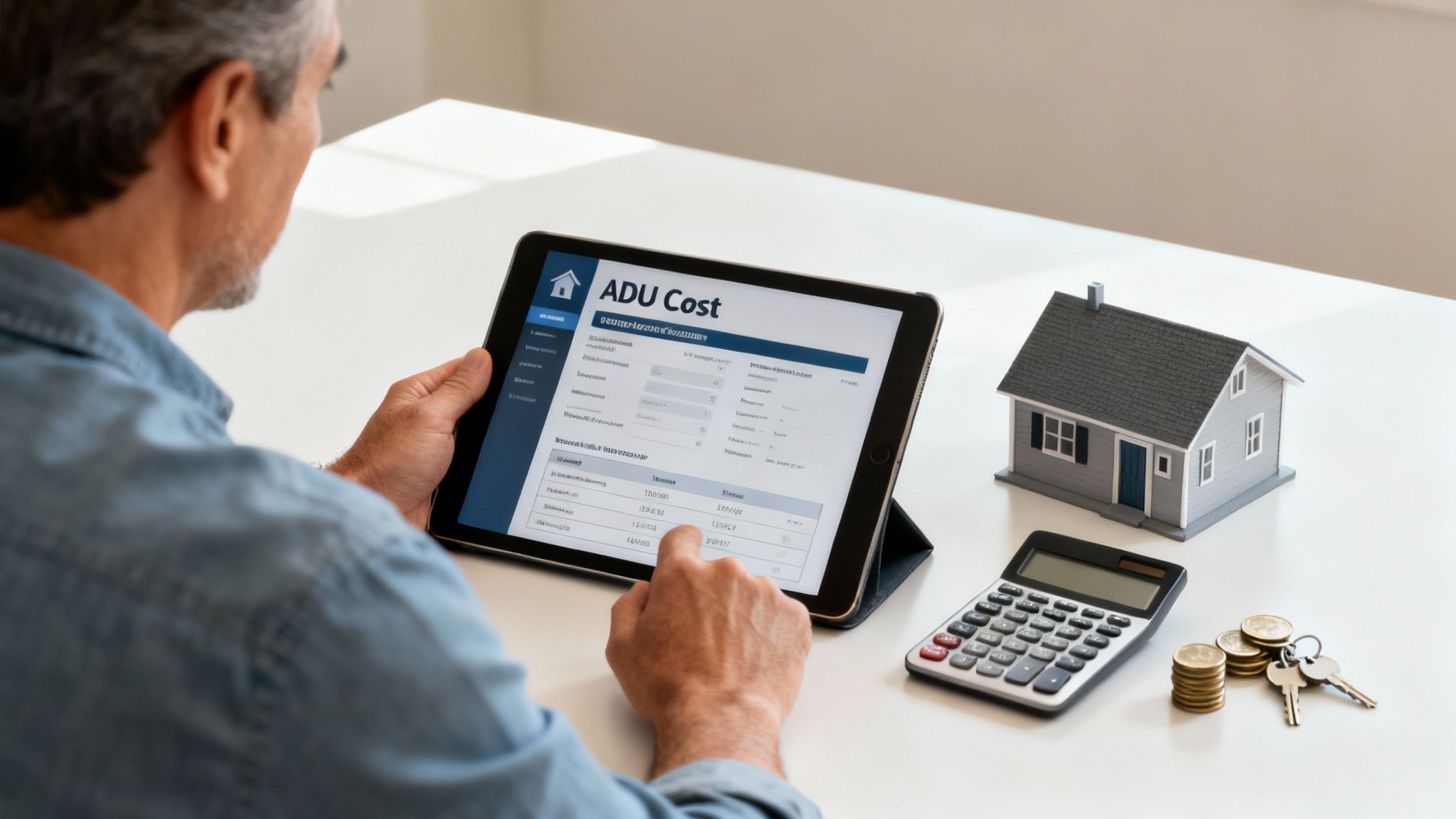 A person views ADU cost details on a tablet, with a house model, calculator, money, and keys nearby.