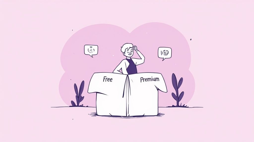 A diagram showing the Freemium model where a large base of free users supports a smaller group of paying premium users.