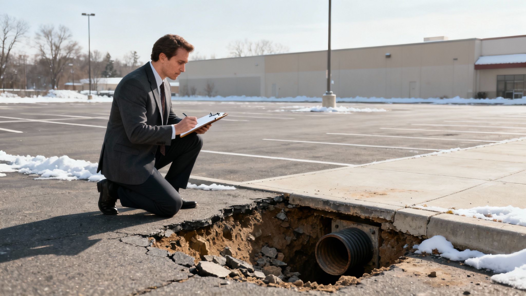 A construction worker in a trench examining a large underground pipe, representing subsurface infrastructure.