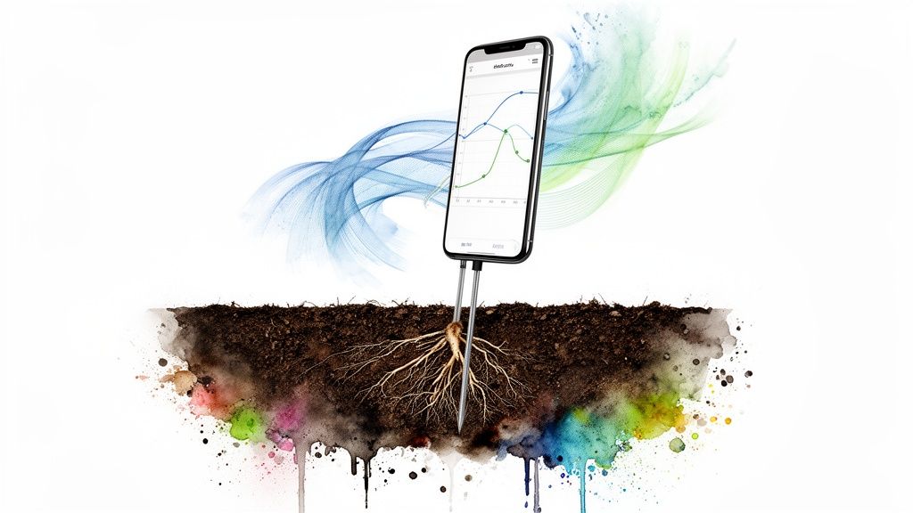 A smartphone displaying a graph of data, connected to two probes in soil monitoring plant roots.