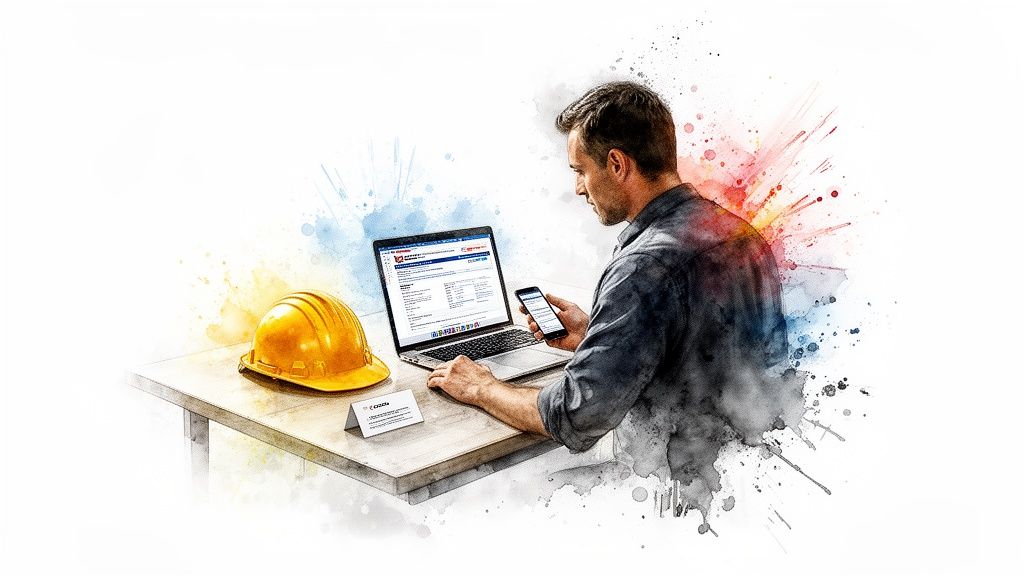 A professional man uses a laptop and smartphone, with a yellow hard hat on a desk, in a watercolor style.
