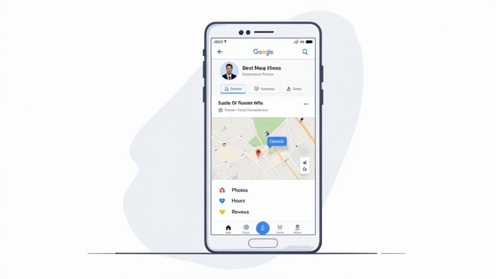 A smartphone displays a Google Maps profile with a map, contact details, photos, and reviews.