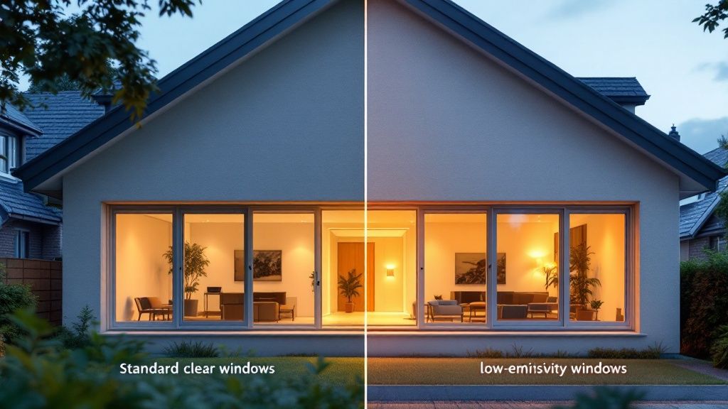 A modern living room with large, clear low-emissivity windows showcasing a beautiful view.