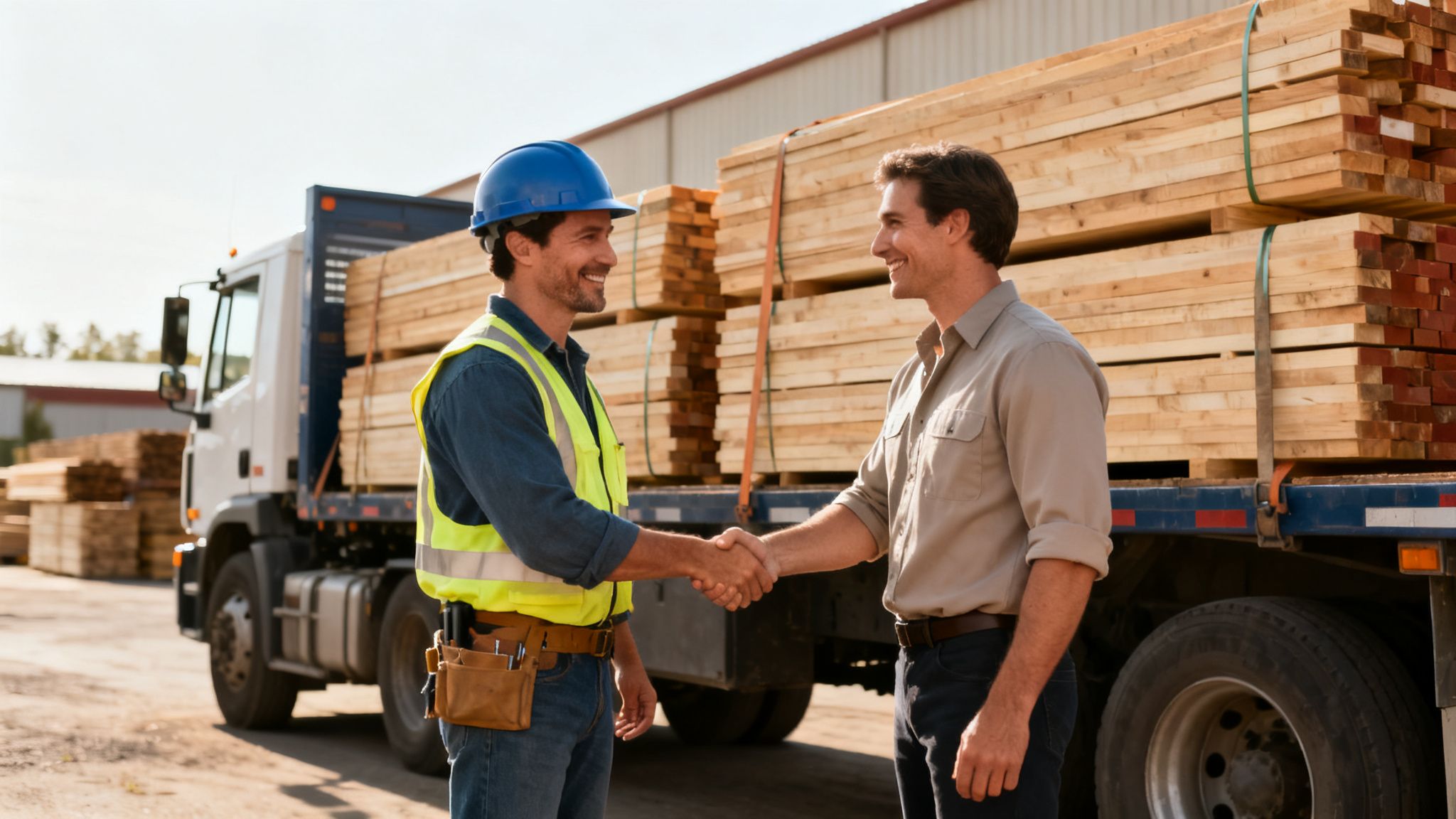 Construction worker and client shake hands next to a truck loaded with lumber.