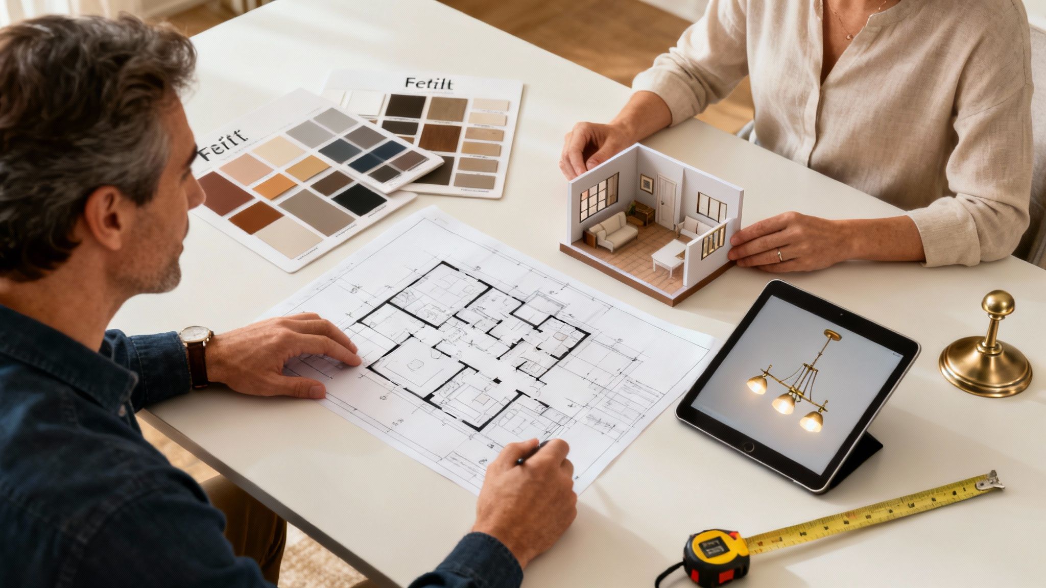Two people planning home renovation, looking at blueprints, color samples, and a house model.