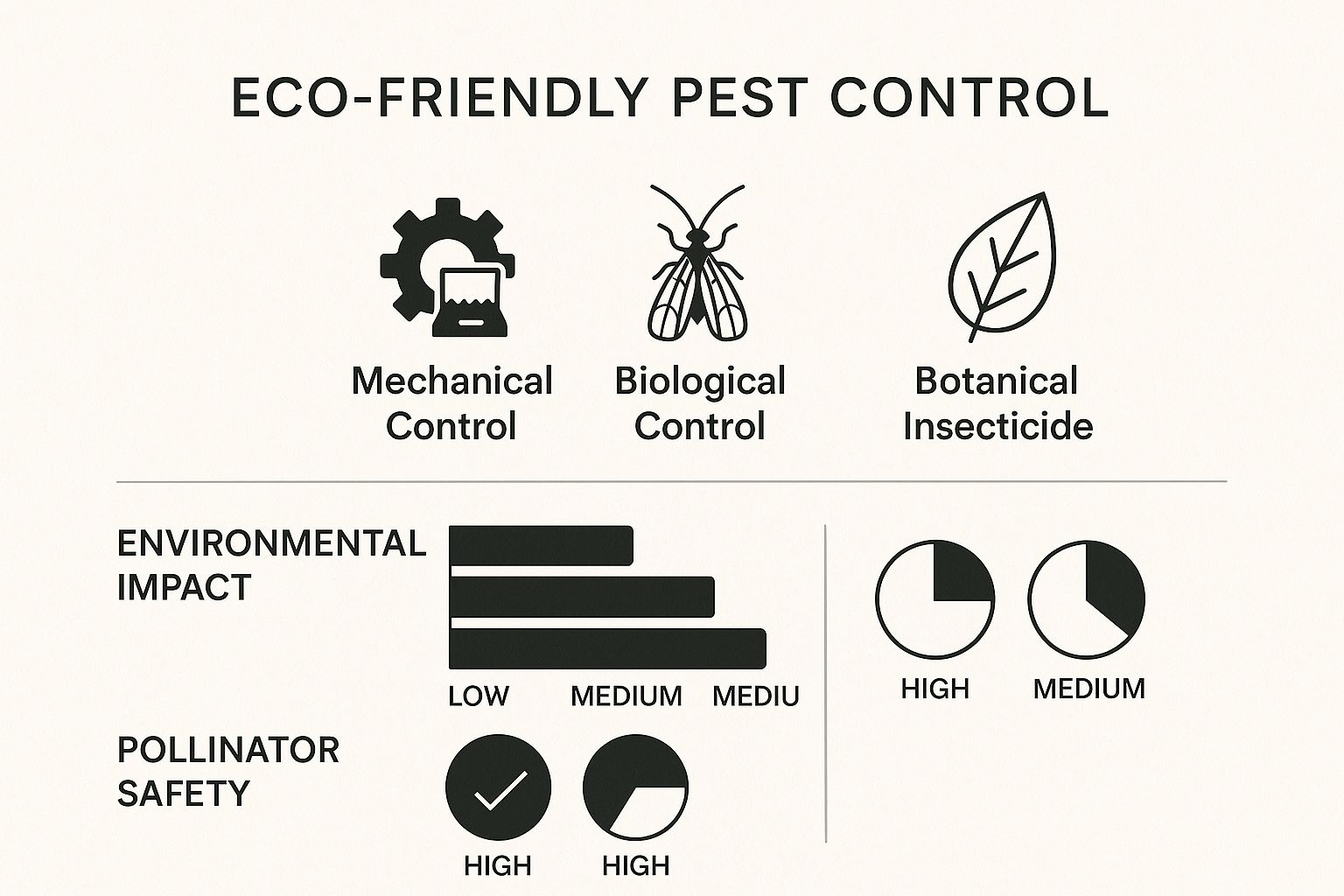 Infographic comparing Mechanical, Biological, and Botanical pest control methods based on environmental impact and pollinator safety.