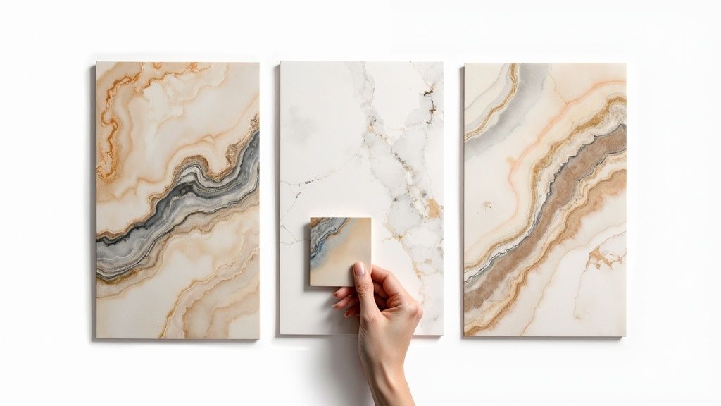 Three elegant marble-look tile samples displayed with a hand holding a smaller square swatch.