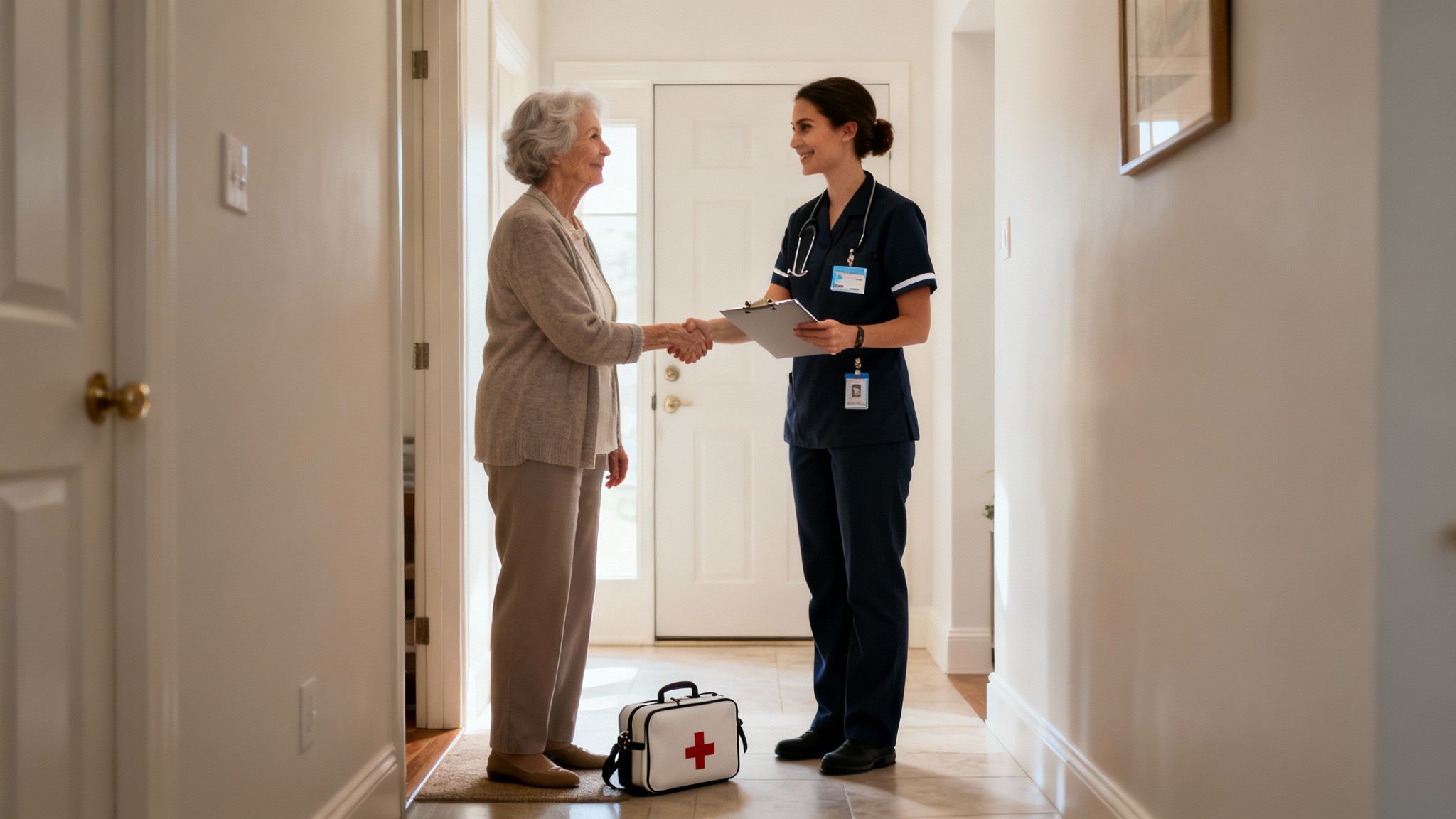 An elderly woman shakes hands with a smiling home care nurse in a hallway, with a medical bag on the floor.