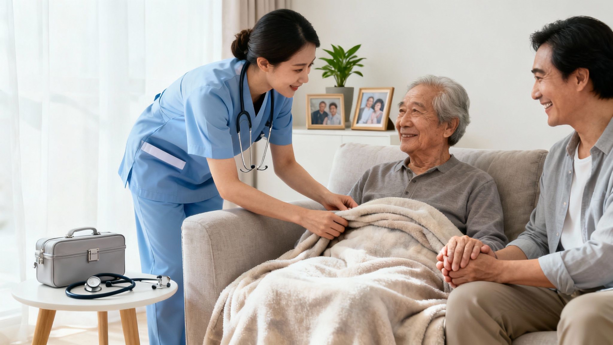 A smiling nurse adjusts a blanket for an elderly man receiving home care, observed by his son.