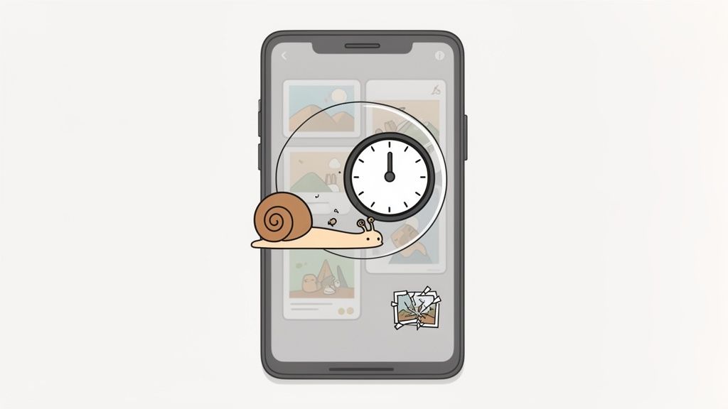 A smartphone displaying a slow-moving snail and a clock, implying slow performance.