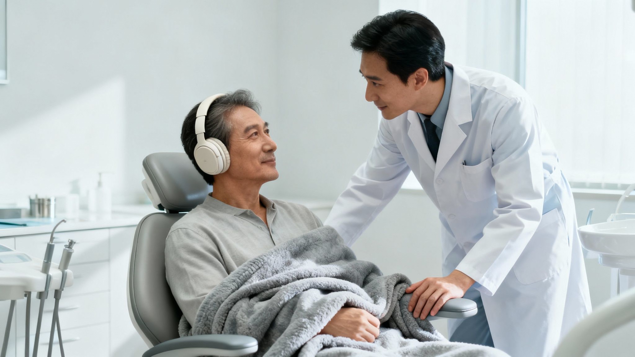 A compassionate dentist speaks to a calm patient wearing headphones in a modern dental clinic.