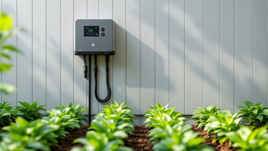Smart Ways to Reduce Water Waste and Lower Your Bill 2 A smart irrigation system controller being adjusted on a wall.