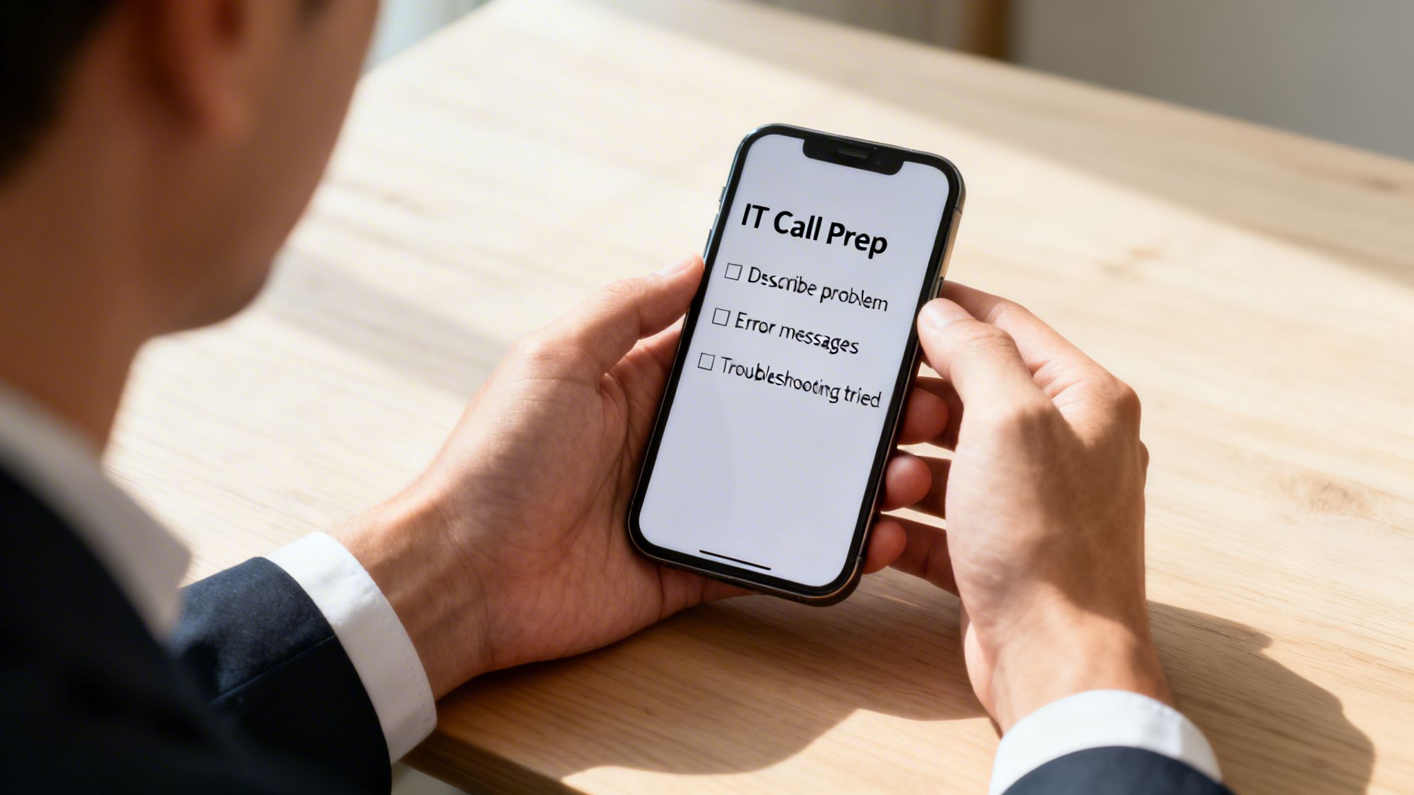 Person holding a smartphone displaying an 'IT Call Prep' checklist on a wooden desk.