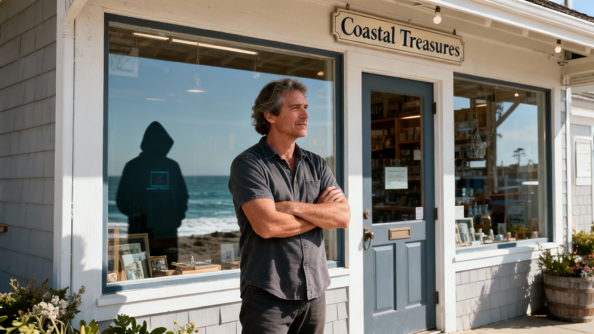 A man stands outside a shop, reflecting a hooded hacker silhouette with a laptop icon.