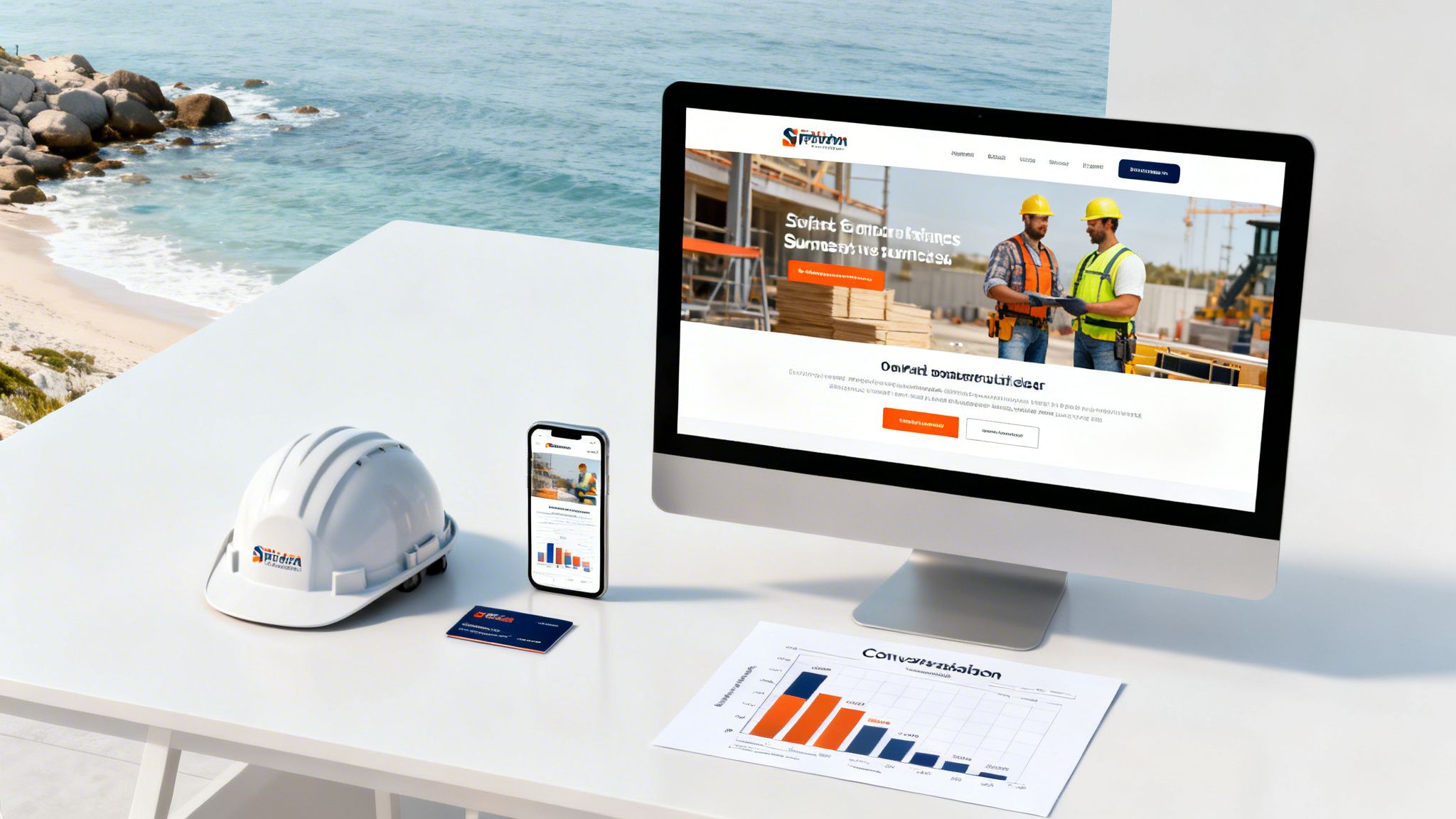 Desk setup with monitor displaying a construction website, hard hat, smartphone, and business card by the ocean.