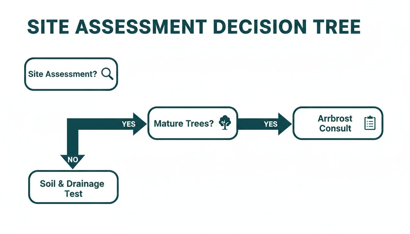 A decision tree flowchart for site assessment, leading to mature tree evaluation or soil and drainage tests.