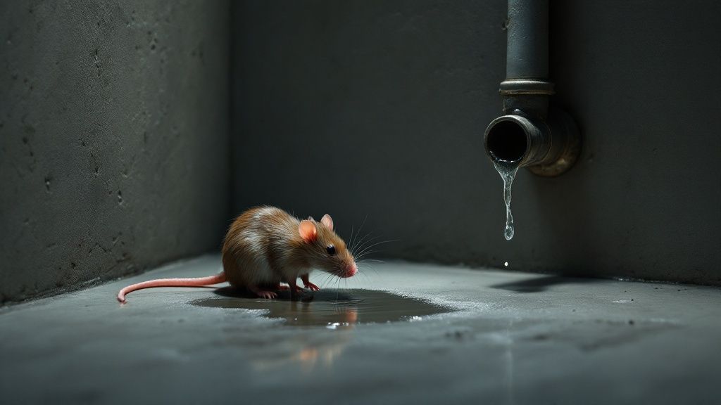 A leaky pipe dripping water onto a basement floor, creating a puddle that can attract rats.