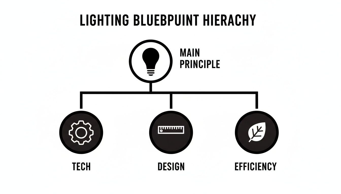 A diagram shows the Lighting Blueprint Hierarchy with Main Principle, Tech, Design, and Efficiency.