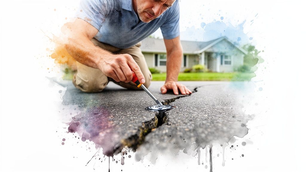 A man kneels, applying black sealant to a large crack in an asphalt driveway with a screwdriver, a house in background.