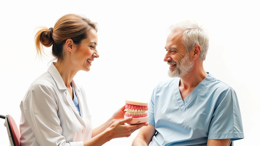 Smiling female dentist explains dental model to a happy senior male patient in blue scrubs.