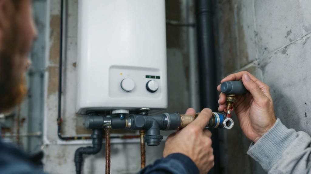 A large, stainless steel commercial water heater in a modern mechanical room, with a technician checking its gauges.