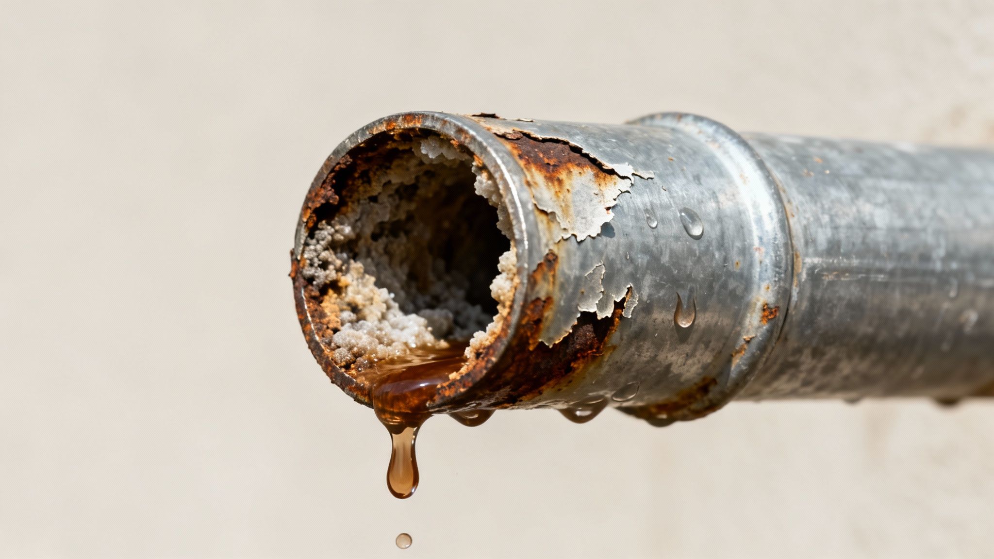 A professional plumber using a snake camera to inspect the inside of an old, corroded pipe.