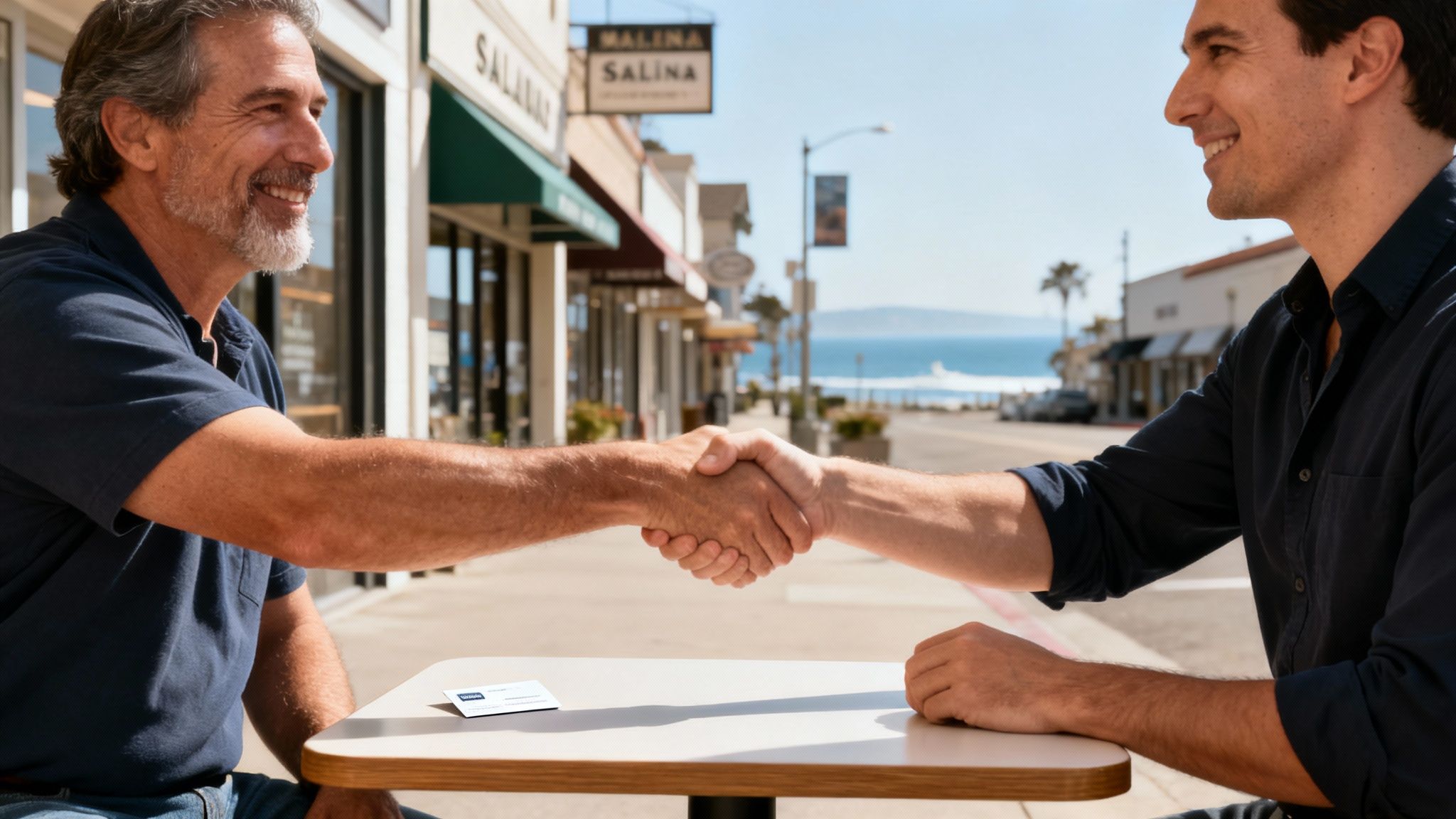 A business owner shaking hands with an IT consultant, symbolizing a new partnership.