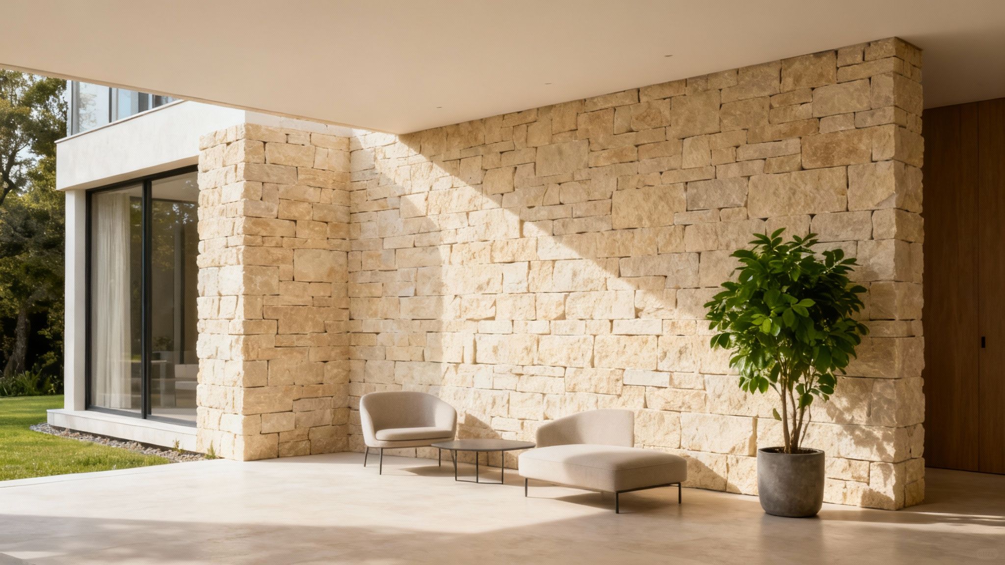 A modern living room with a stone feature wall that continues onto the exterior patio