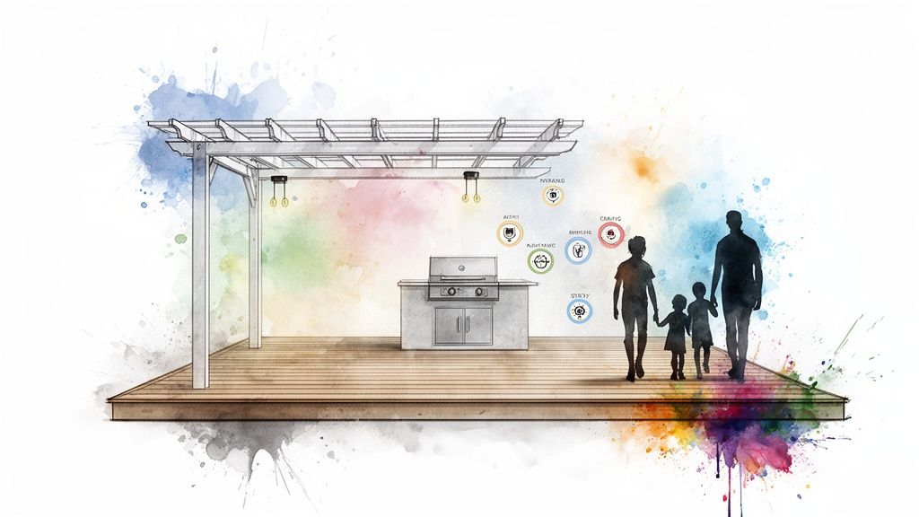 Watercolor sketch of a family enjoying a smart outdoor living space with pergola, deck, and grill.