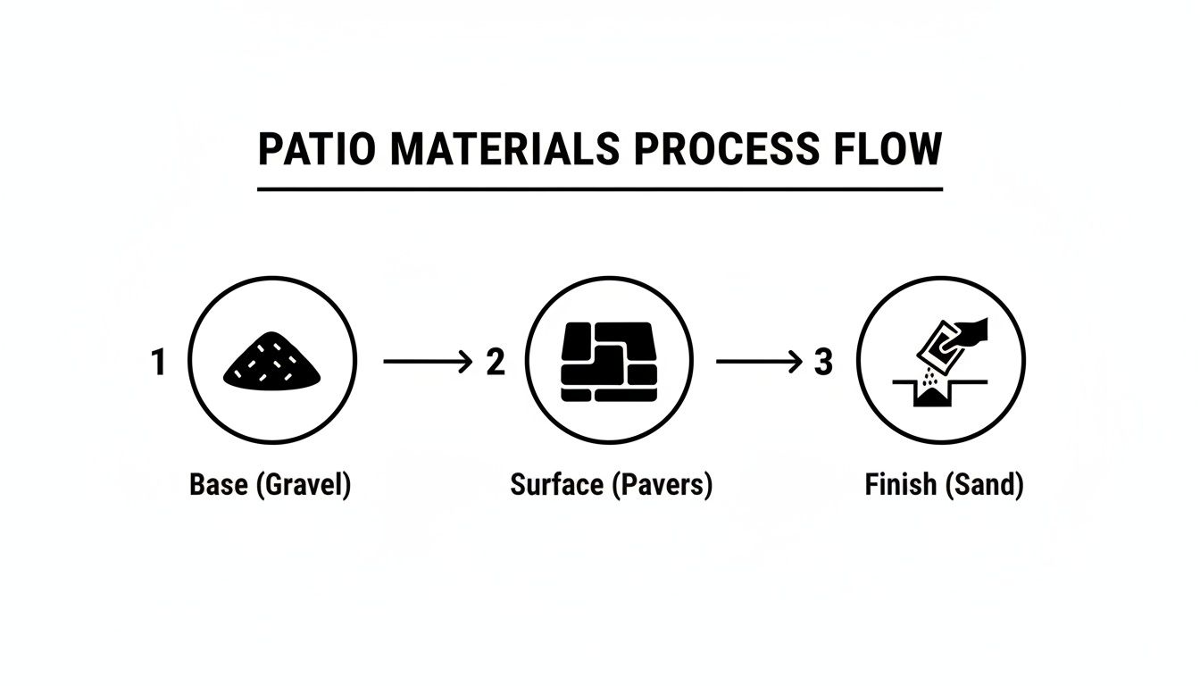 A diagram illustrating the three-step patio material process: gravel base, paver surface, and sand finish.