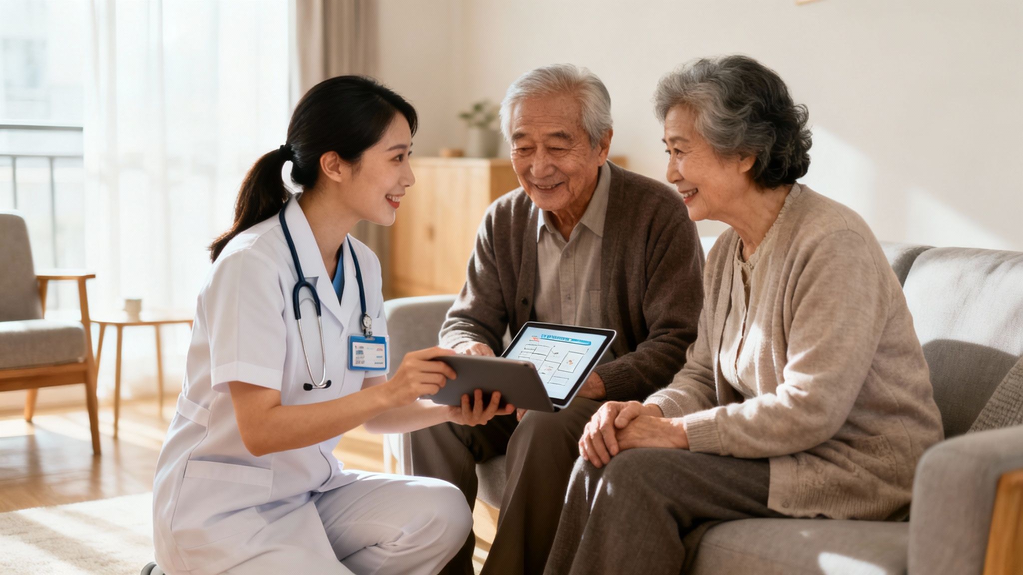 A kind nurse explains information on a digital tablet to a happy elderly couple at home.