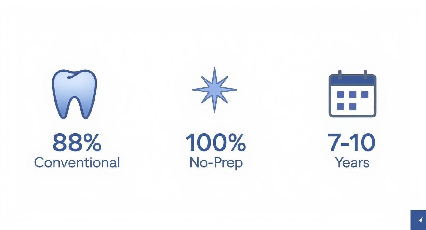 Infographic showing dental statistics: 88% Conventional, 100% No-Prep, and 7-10 Years duration.
