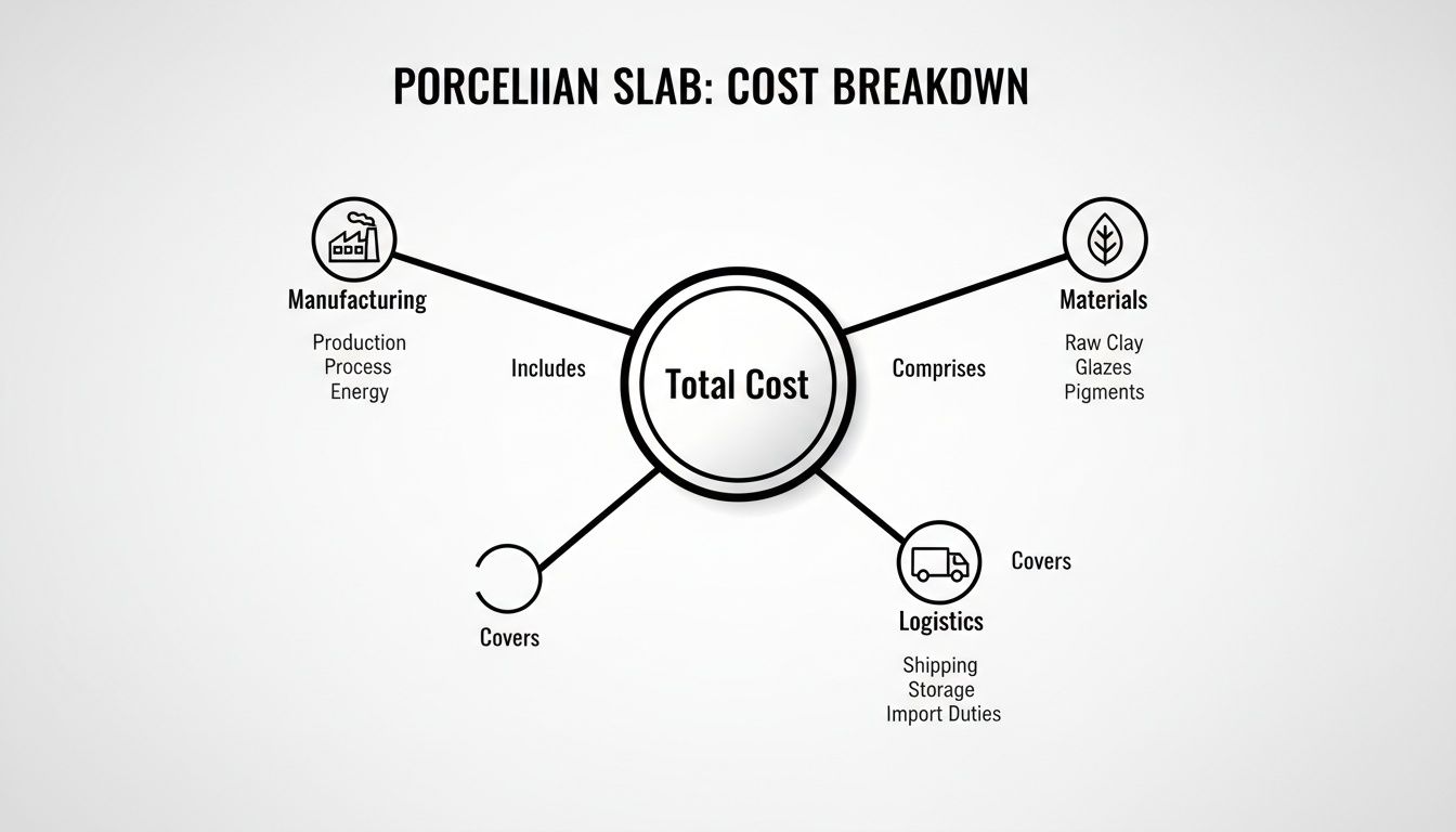 Diagram illustrating the cost breakdown of a porcelain slab, detailing manufacturing, materials, and logistics.