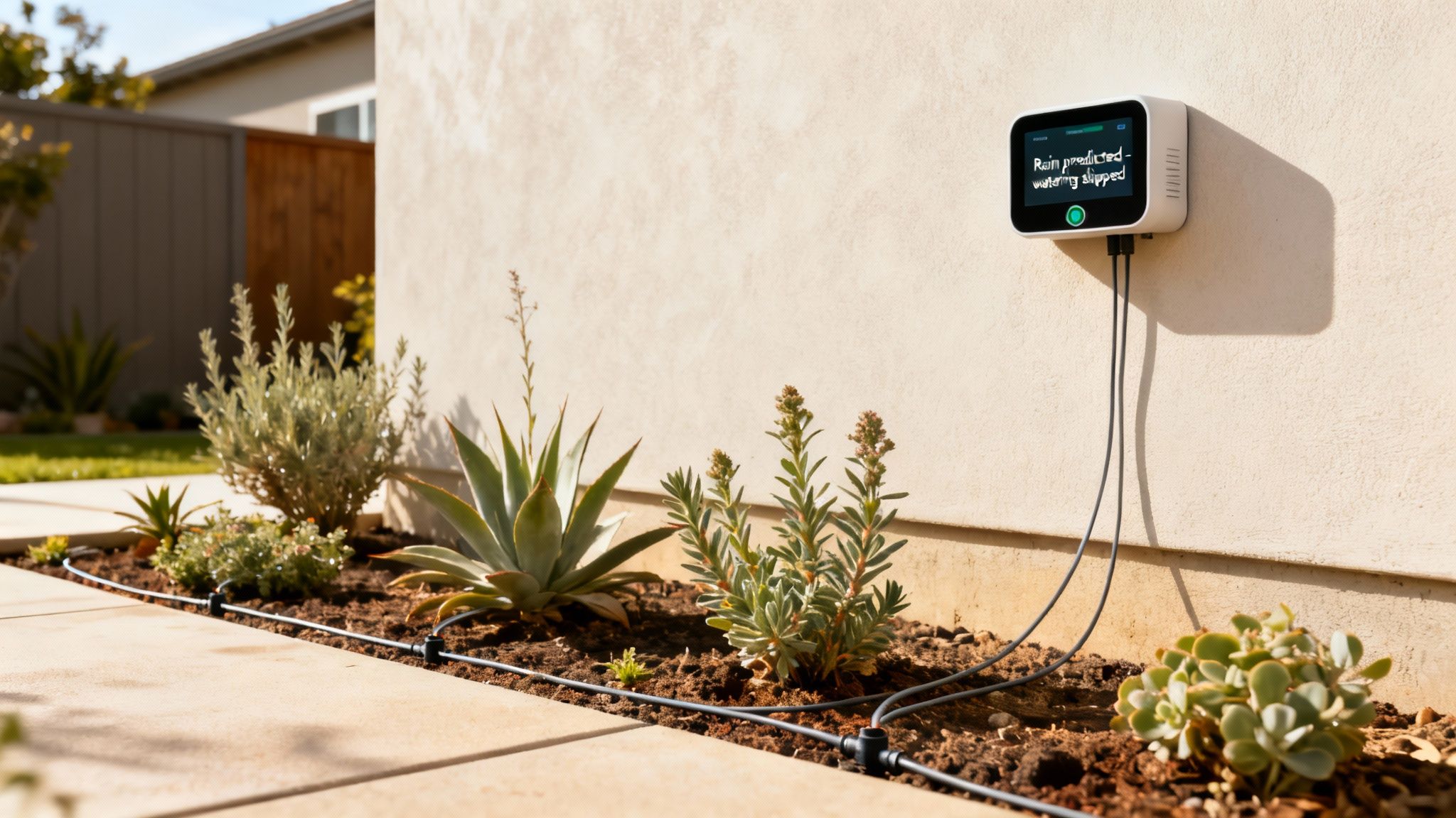 A smart irrigation controller on an outdoor wall showing 'rain predicted' next to a low-water garden with drip lines.