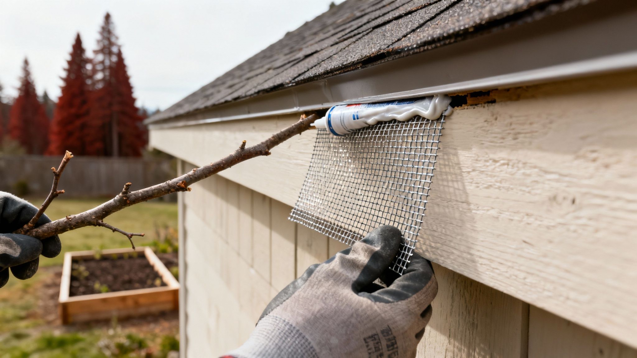 Gloved hands apply caulk and mesh to seal a gap in a building's eaves, preventing pests.