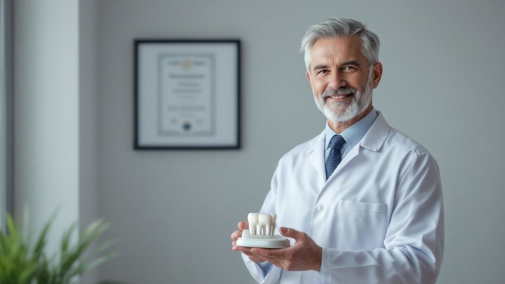 A dental professional is explaining a dental implant procedure to a patient using a model of a jaw.