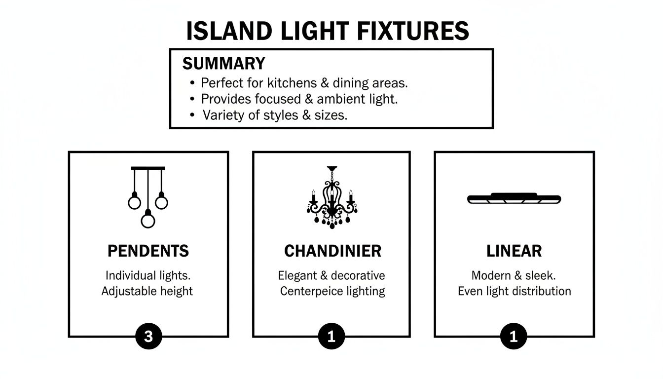 Infographic illustrating island light fixtures: pendents, chandelier, and linear styles with descriptions.