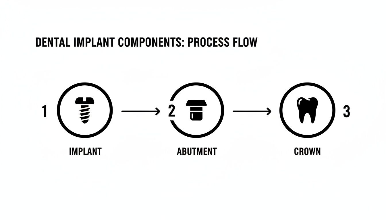 Process flow diagram showing dental implant components: implant, abutment, and crown.
