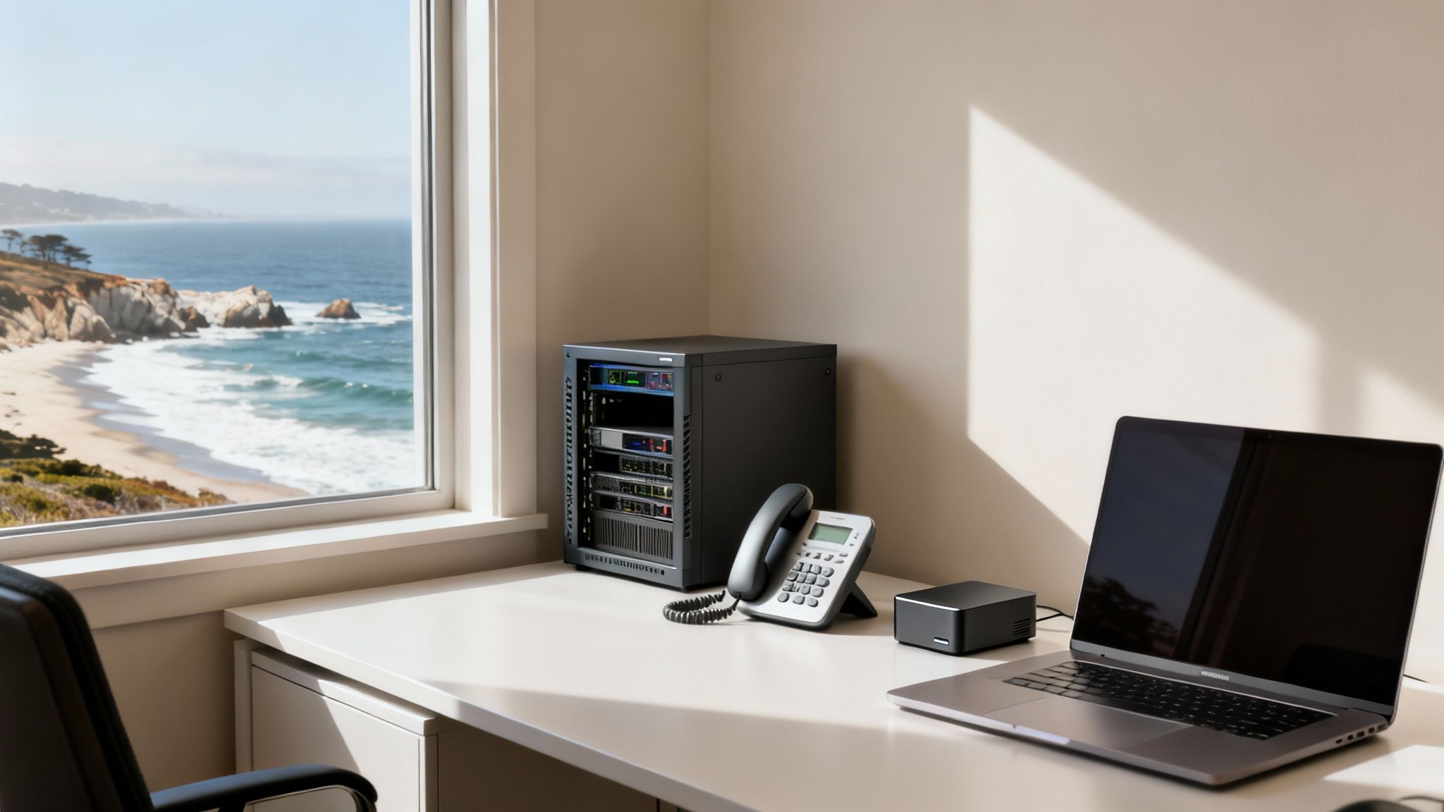 Modern office desk with a server rack, laptop, phone, and a scenic ocean view.