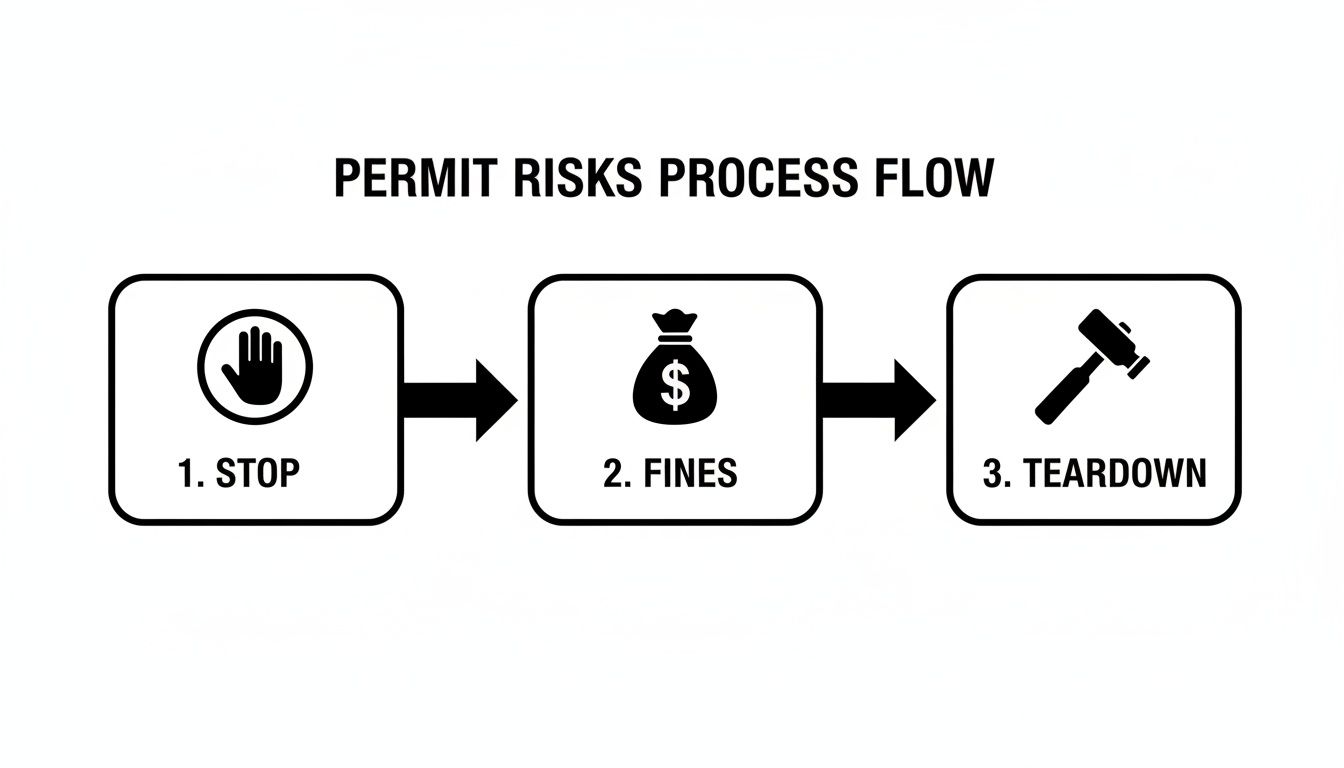 Flowchart illustrating permit risks process: stop work, fines, and potential teardown of construction.