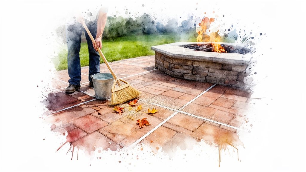 A person sweeps a brick patio with a broom, autumn leaves, and a burning fire pit.