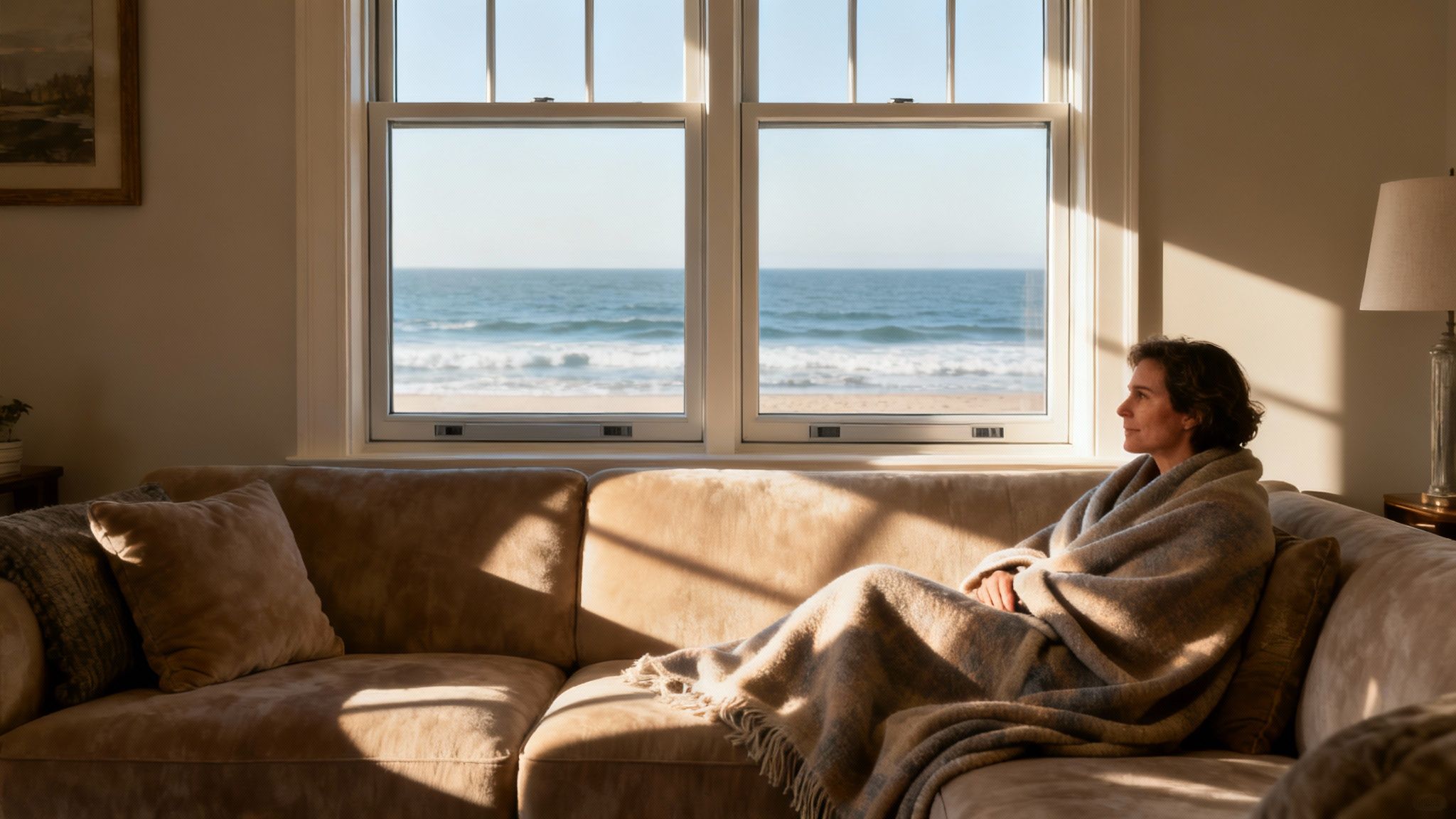 A family enjoying a warm, cozy living room with a clear view of a rainy coastal scene outside their new windows.