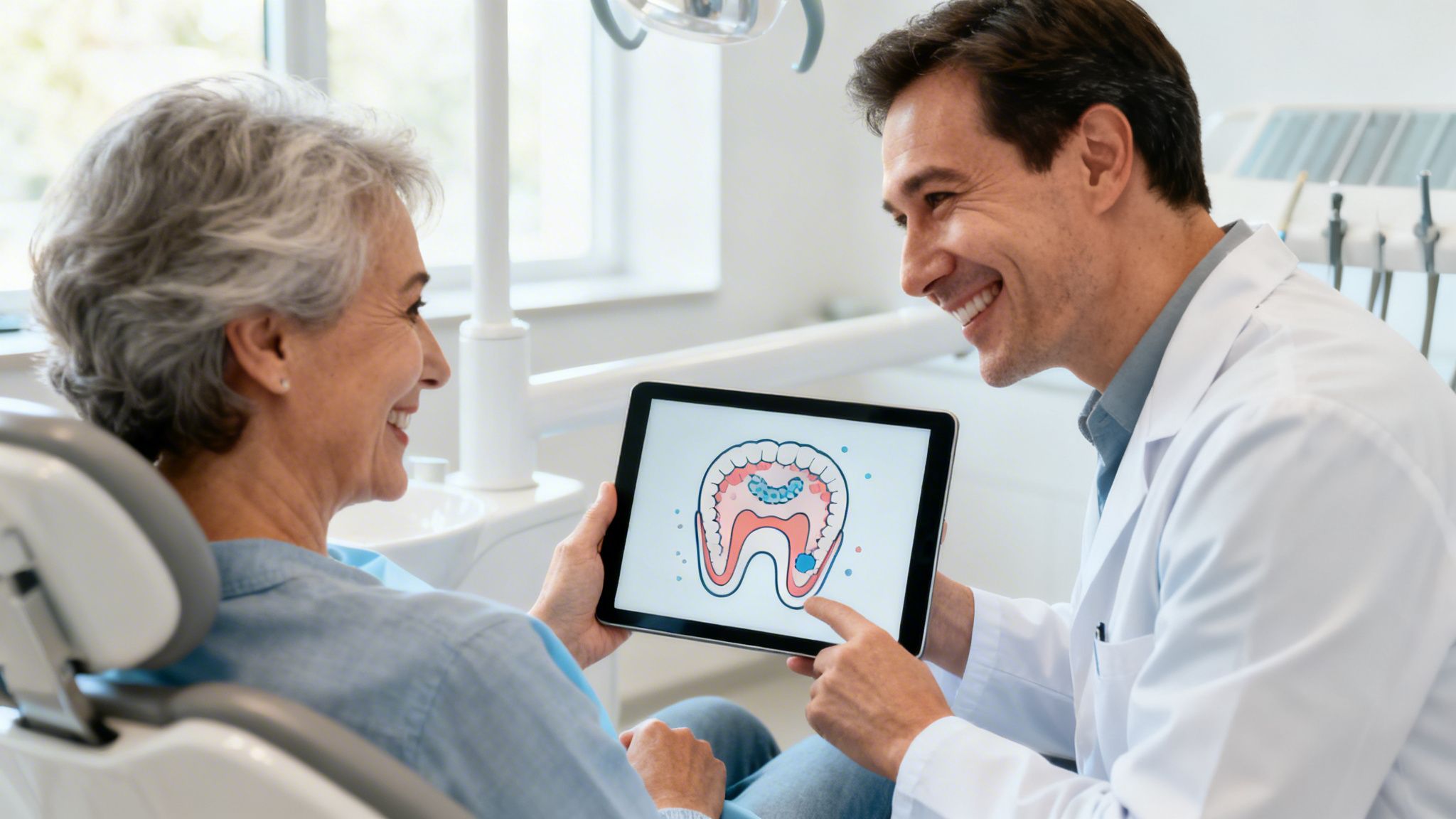 A smiling dentist explains a dental diagram on a tablet to an attentive, older female patient in a clinic.