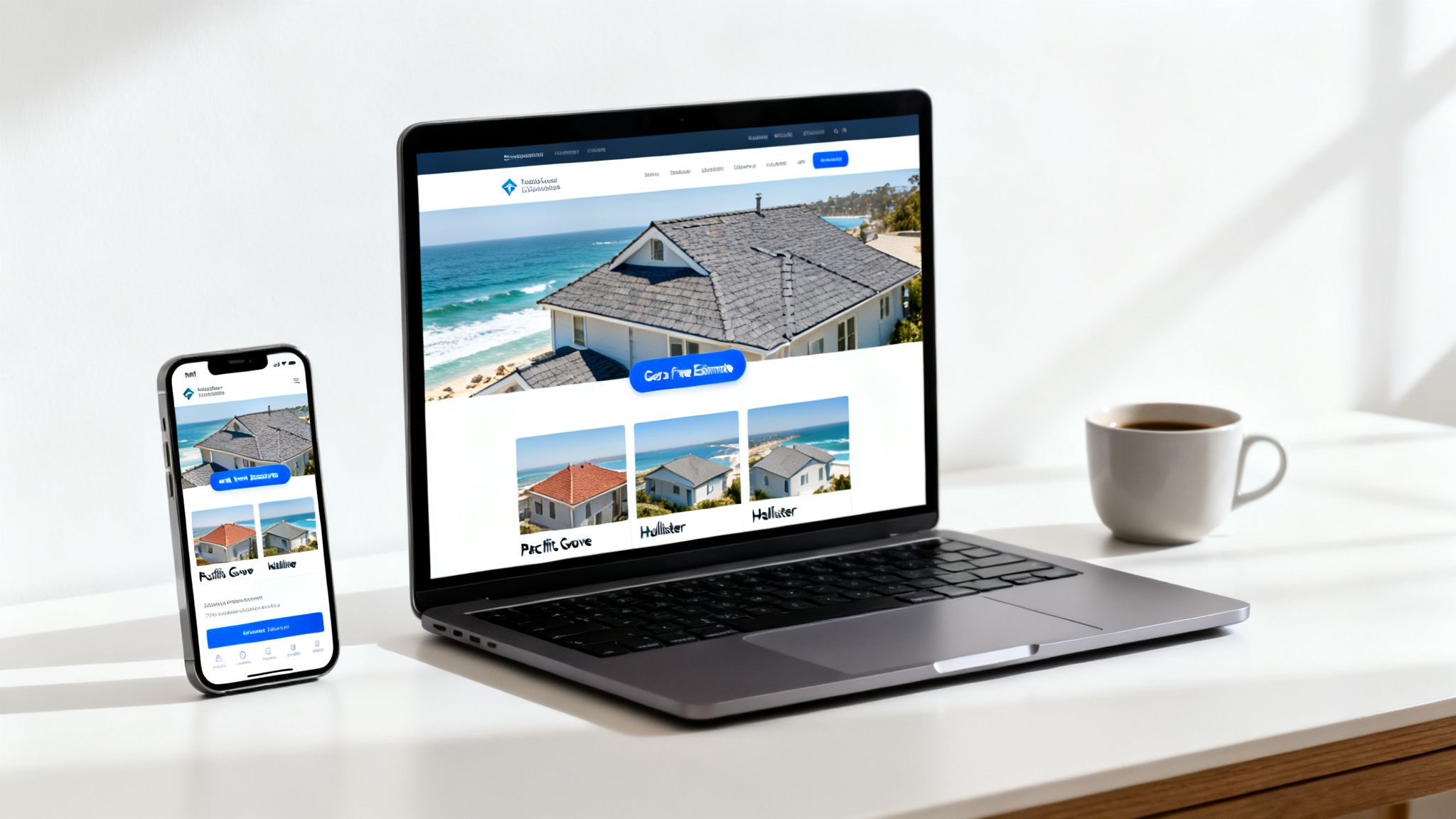 A laptop and smartphone display a roofing contractor's website featuring coastal homes and project examples.