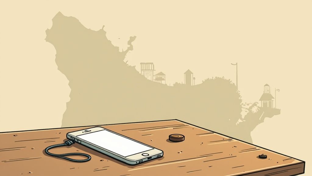 A white smartphone connected to a charger rests on a wooden table, overlooking a hazy landscape silhouette.