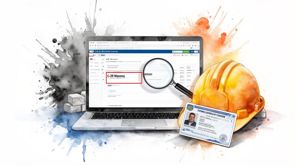 A laptop screen displays "C-29 Masonry" under a magnifying glass, beside a hard hat and identification card, symbolizing contractor verification.