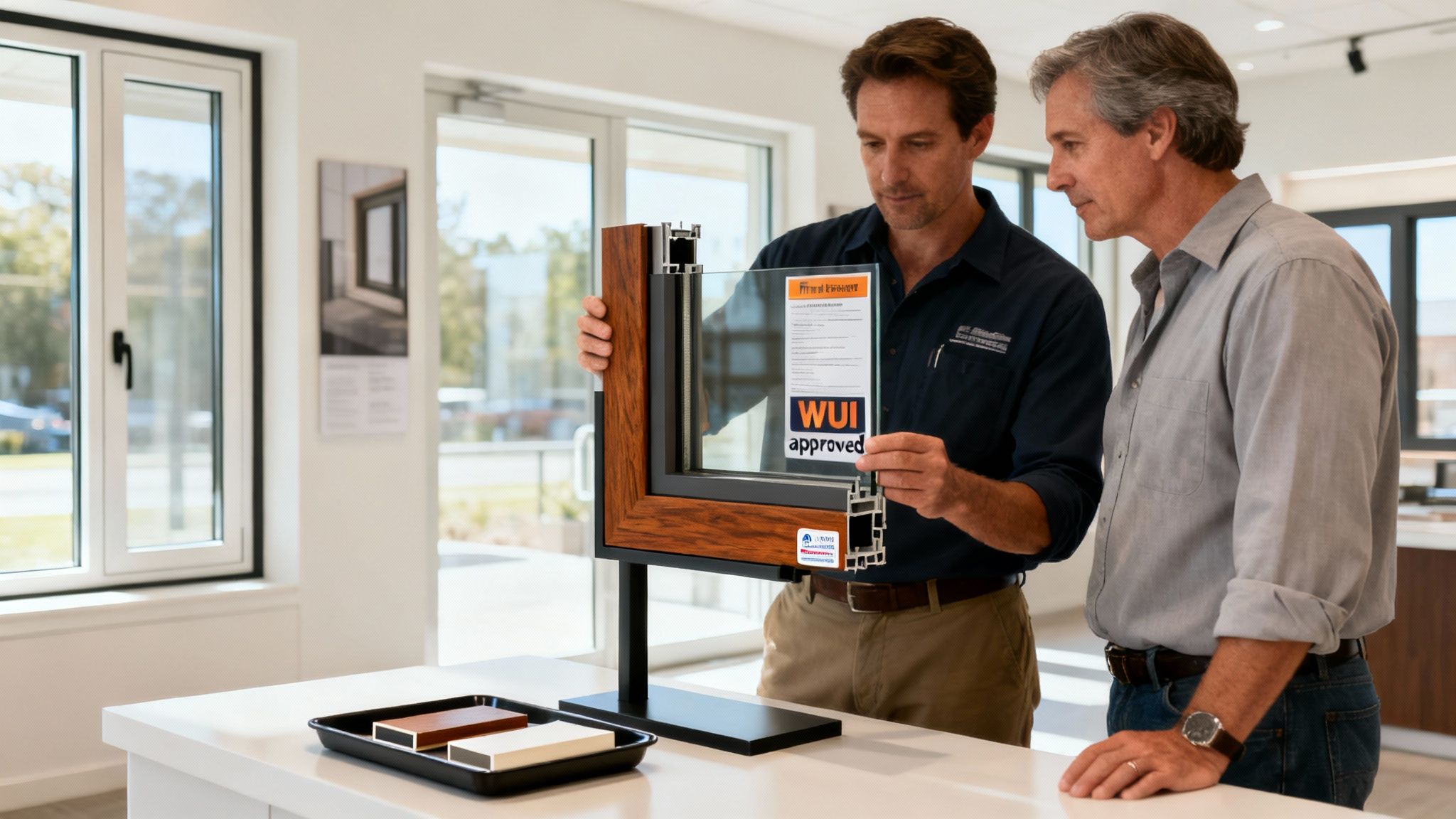 An expert explains a WUI approved window frame with a "WUI approved" label to a customer.