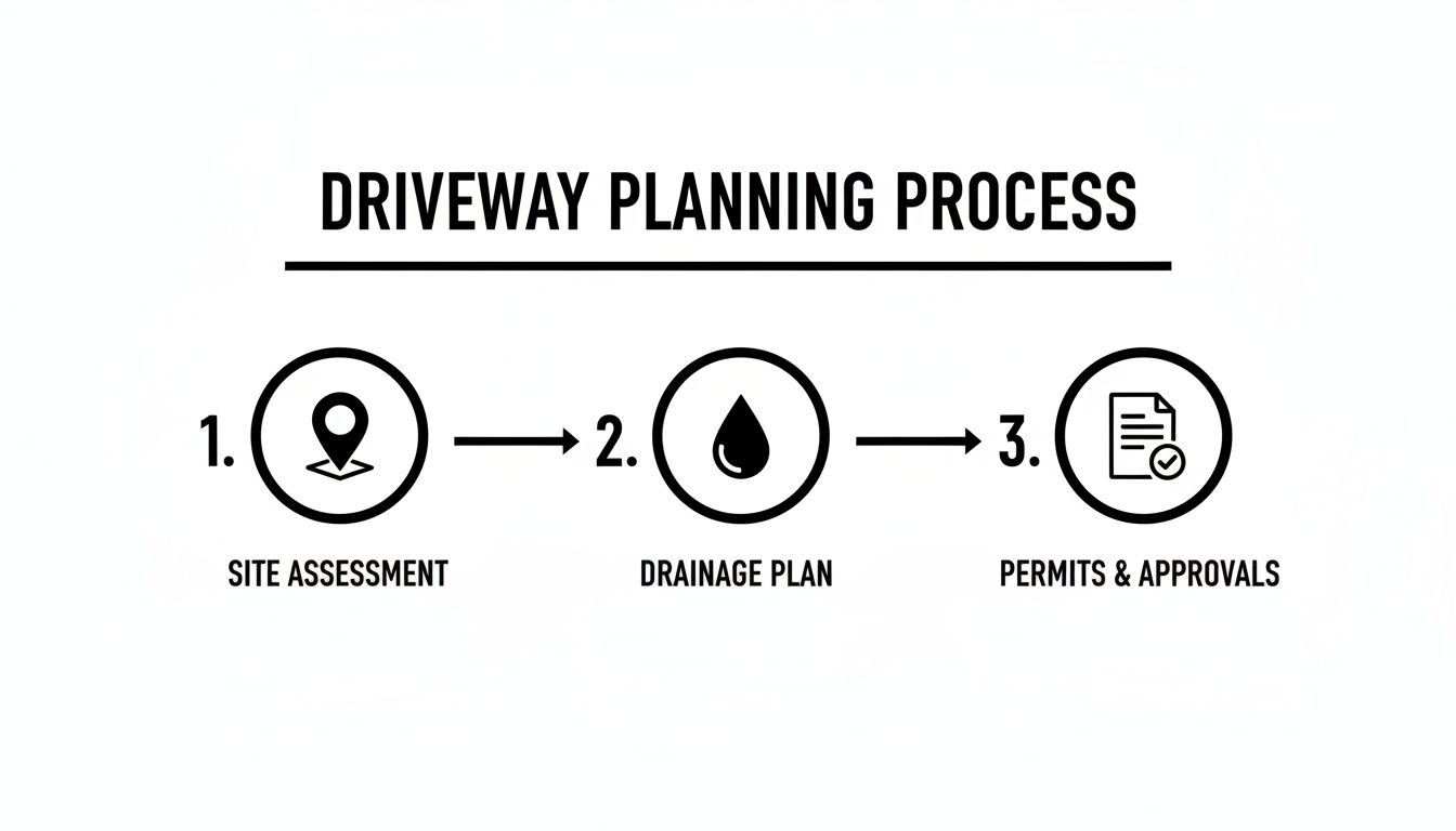An infographic illustrating the three-step driveway planning process: site assessment, drainage plan, and permits and approvals.